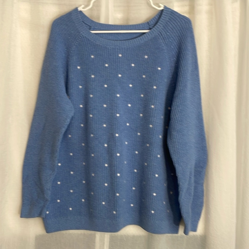 Elle Womens Swiss Dot Pullover Sweater Blue White Long Sleeve Cable Knit XL